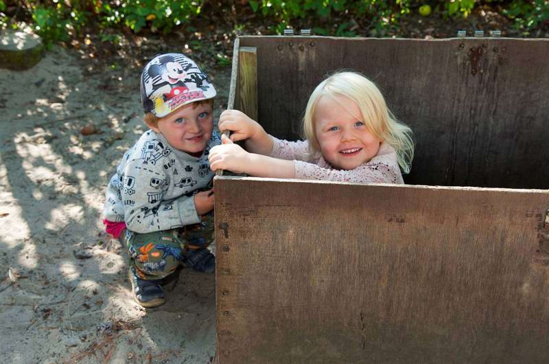 Børn leger i en kasse